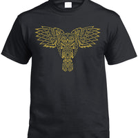 Celtic Owl Front Print T-Shirt (Black, Metallic Gold Print)