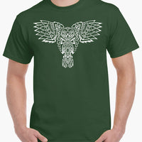 Celtic Owl Large Front Print T-Shirt (Forest Green, White Print)