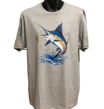 Discounted - Blue Marlin Fishing T-Shirt (Marle Grey) - Size XL