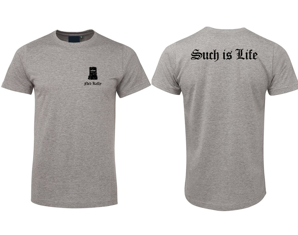 Ned Kelly Front Such is Life Back T-Shirt (Grey with Black Print, Regular & Big Sizes)