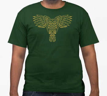 Celtic Owl Front Print T-Shirt (Bottle Green, Metallic Gold Print)