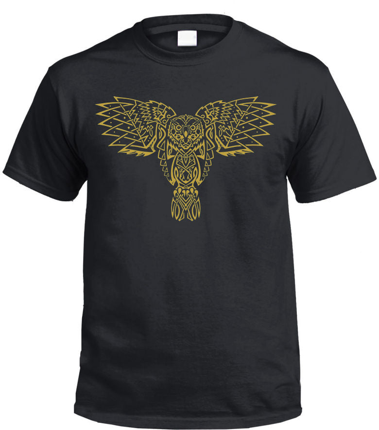 Celtic Owl Front Print T-Shirt (Black, Metallic Gold Print)