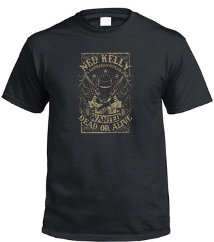 Ned Kelly Wanted Dead or Alive T-Shirt (Black, Metallic Gold Print, Regular and Big Sizes)