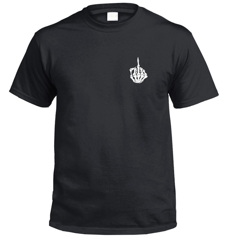 Skeleton Hand Flip Off Left Chest Logo T-Shirt (Black, Regular and