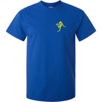 Australia In Kangaroo Shape Left Chest Logo T-Shirt (Royal Blue, Yellow Print)