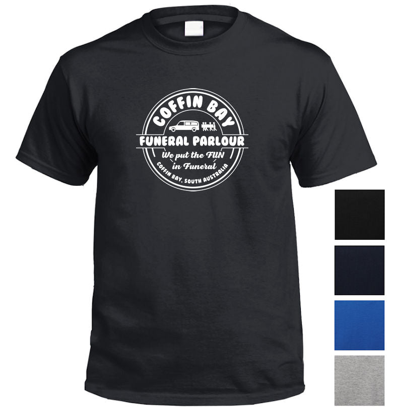 Coffin Bay Funeral Parlour Fake Business Logo T-Shirt (Colour Choices)