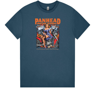 Panhead Motor Works Pinup Girl T-Shirt (Indigo, Regular and Big Sizes)