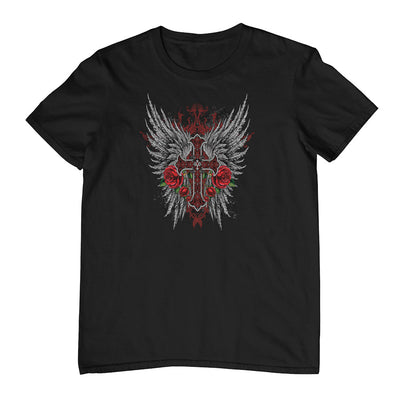 Red Cross, Wings & Roses T-Shirt (Black, Regular and Big Sizes)