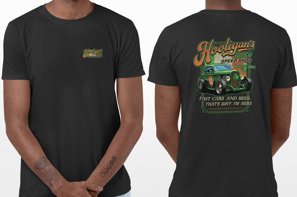 Hooligan's Irish Speed Shop T-Shirt (Black, Double-Sided, Regular and Big Sizes)