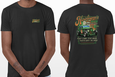 Hooligan's Irish Speed Shop T-Shirt (Black, Double-Sided, Regular and Big Sizes)