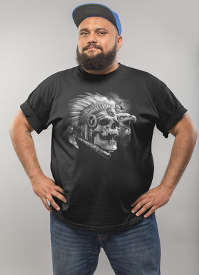 Native American Chief Eagle Skull T-Shirt (Black, Shortsleeve) - Shown on a Model