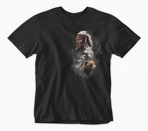 Native American Animal Chief T-Shirt (Black, Left Print, Regular and Big Sizes)