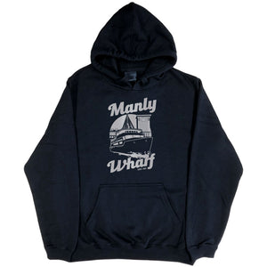 Manly Wharf & Ferry Hoodie (Black with Silver Print, Regular & Big Sizes)