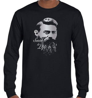 Ned Kelly Such Is Life Portrait Longsleeve T-Shirt (Black, Silver & White Print)