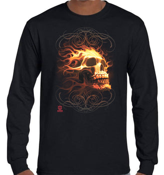 Discounted - Fire Skull Longsleeve T-Shirt (Black) - Size XL