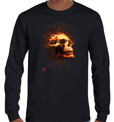 Fire Skull Longsleeve T-Shirt (Black, Regular and Big Sizes)