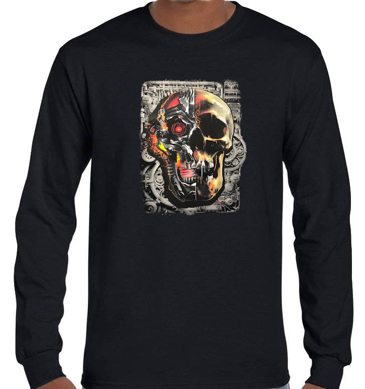 Glowing Cyborg Skull Longsleeve T-Shirt (Black, Regular and Big Sizes)