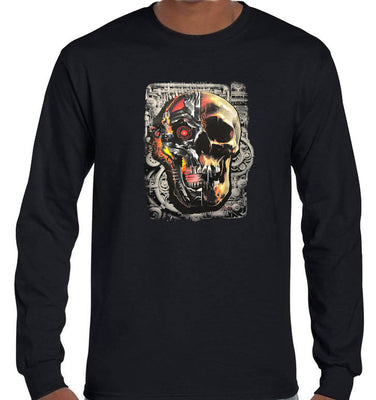 Glowing Cyborg Skull Longsleeve T-Shirt (Black, Regular and Big Sizes)