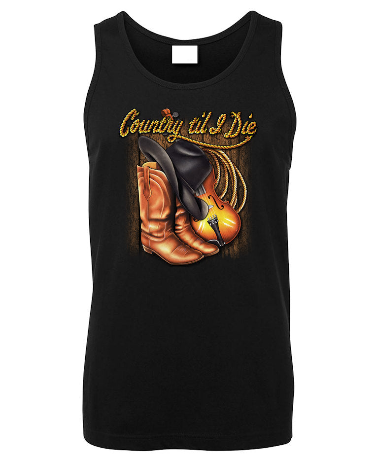 Country Until I Die Boots, Hat & Fiddle Mens Singlet (Black)