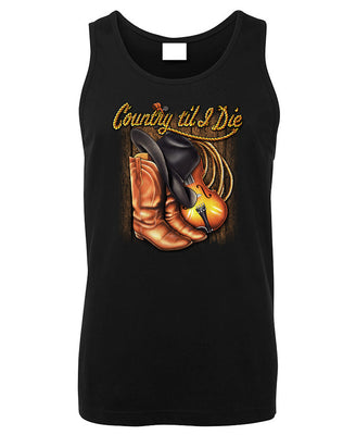 Country Until I Die Boots, Hat & Fiddle Mens Singlet (Black)