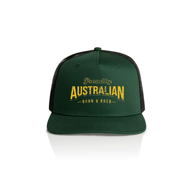 Proudly Australian Born & Bred Trucker Hat (Forest Green, Black Mesh)