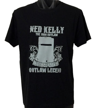 Ned Kelly Iron Outlaw T-Shirt (Grey Print, Black, Regular & Big Sizes)