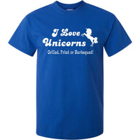 I Love Unicorns.. Grilled, Fried or BBQ T-Shirt (Royal Blue), Regular and Big Sizes)
