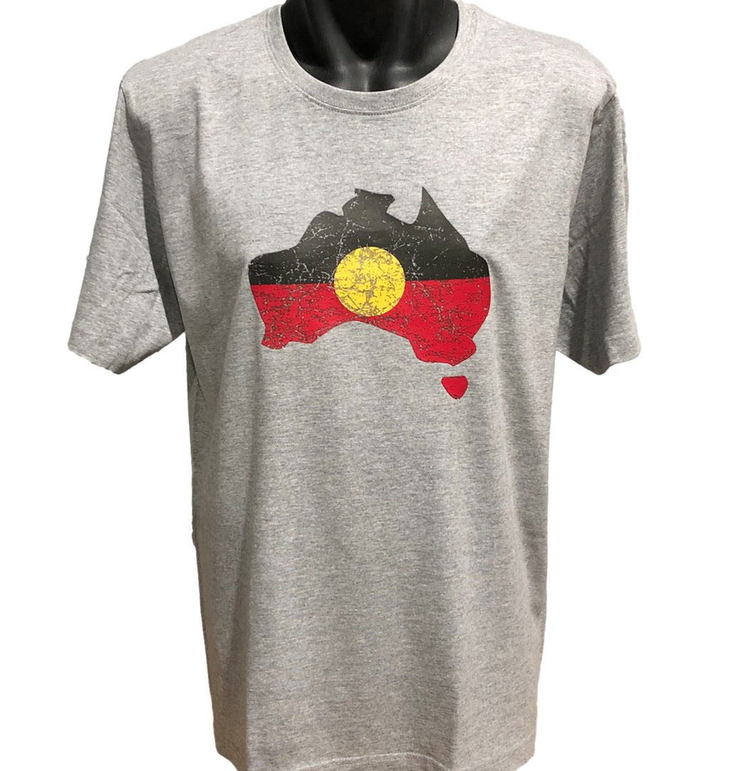 Aboriginal Flag Australia Map T-Shirt (Marle Grey, Regular and Big Sizes)