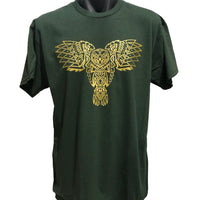 Celtic Owl Front Print T-Shirt (Forest Green, Metallic Gold Print)