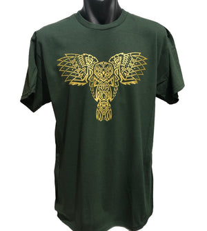 Celtic Owl Front Print T-Shirt (Forest Green, Metallic Gold Print)