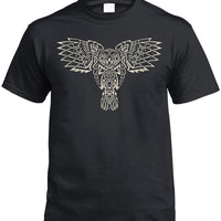 Celtic Owl Front Print T-Shirt (Black, Metallic Silver Print)