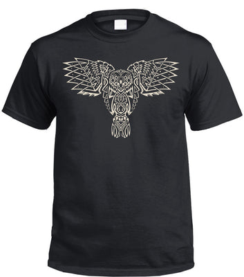 Celtic Owl Front Print T-Shirt (Black, Metallic Silver Print)