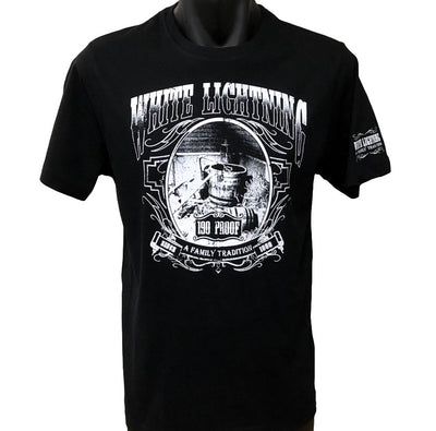 White Lightning Bootleg Liquor Logo T-Shirt (Front & Sleeve)