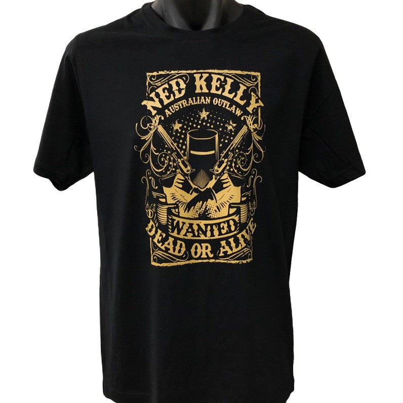 Ned Kelly Wanted Dead or Alive T-Shirt (Black, Gold Print)