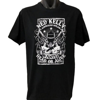 Ned Kelly Wanted Dead or Alive T-Shirt (Black, White Print, Regular and Big Sizes)