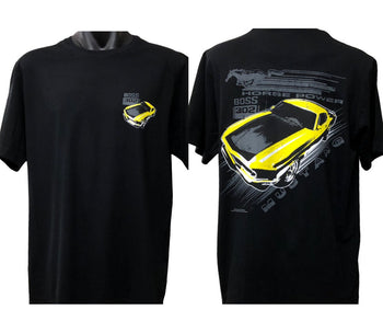 Ford Mustang Vintage Yellow Boss T-Shirt (Black, Double-Sided, Regular and Big Sizes)