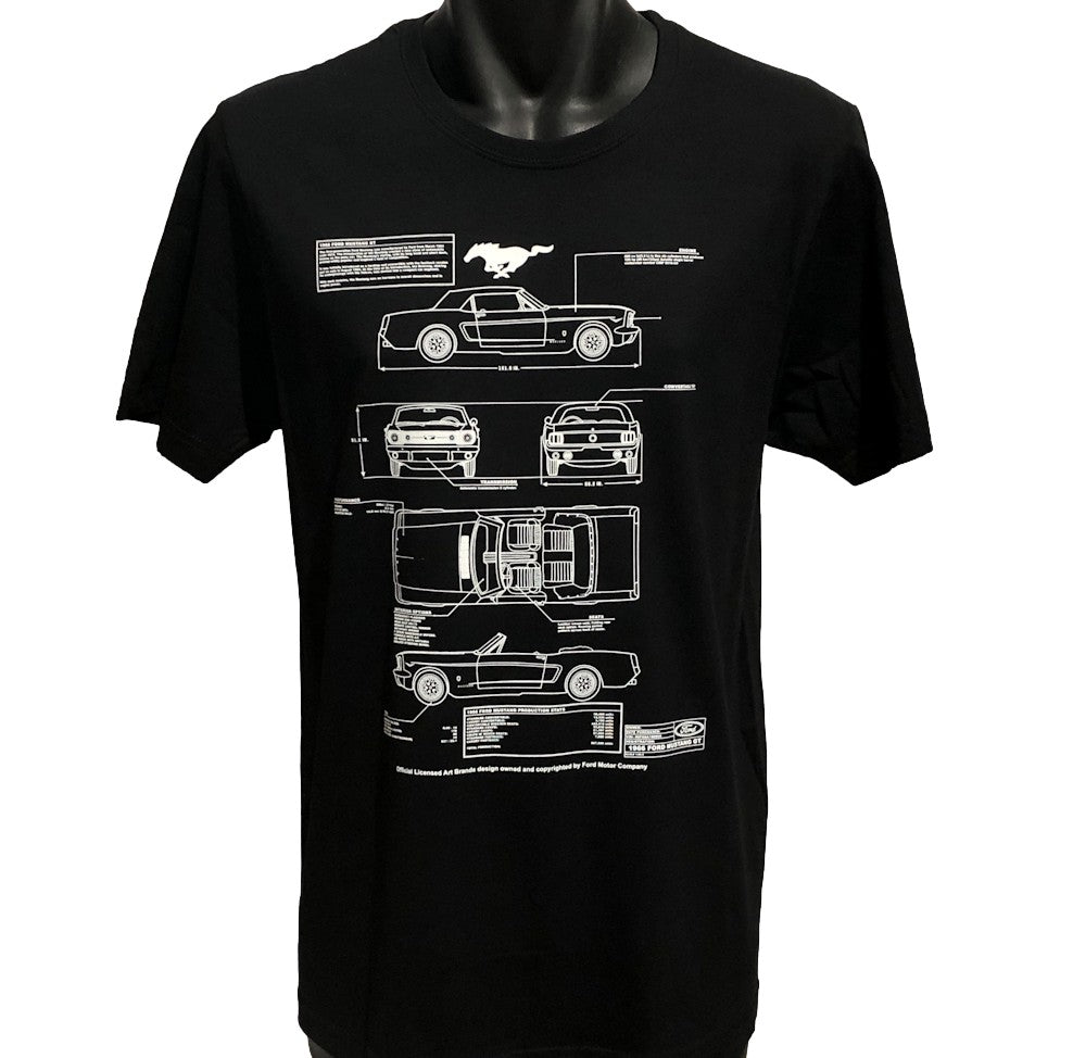 1966 Ford Mustang GT Blueprint T-Shirt (Black, Regular and