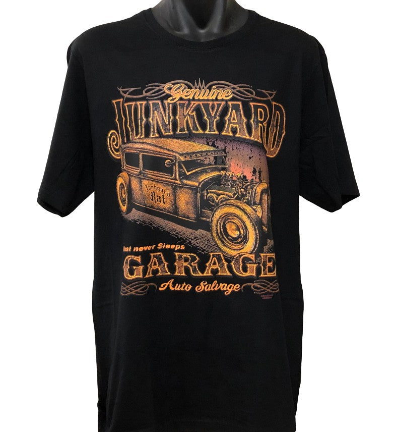 Junkyard Garage Rat Rod T-Shirt (Black, Regular and Big Sizes)