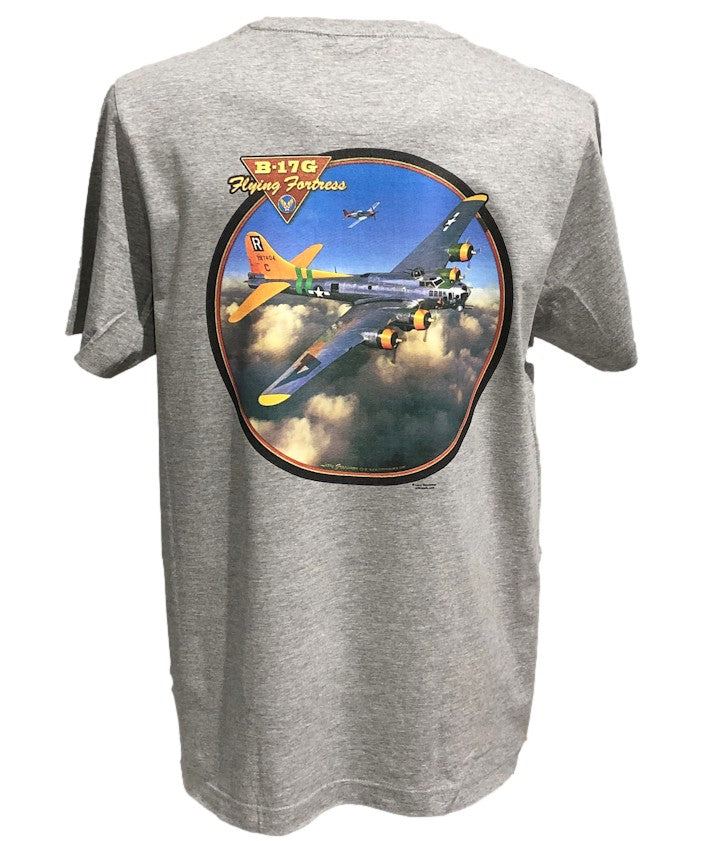 B-17G Flying Fortress Airplane T-Shirt (Grey, Back Print)