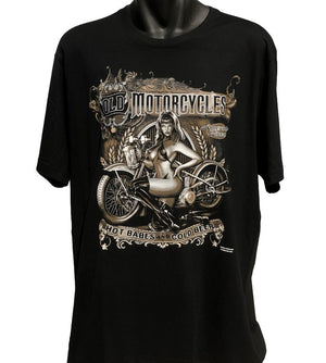 Old Motorcycles Hot Babes Cold Beer T-Shirt (Black)