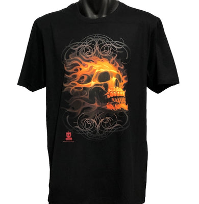 Fire Skull T-Shirt - Tom Wood Art (Black, Regular and Big Sizes)