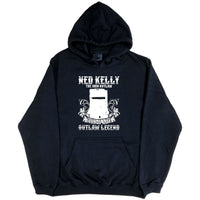 Ned Kelly Iron Outlaw Hoodie (Black, White Print, Regular & Big Sizes)