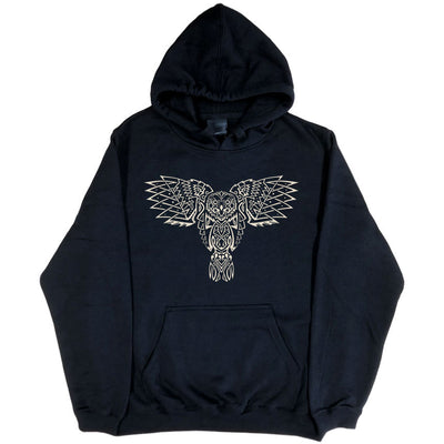 Celtic Owl Hoodie (Black with Metallic Silver Print, Regular and Big Sizes)