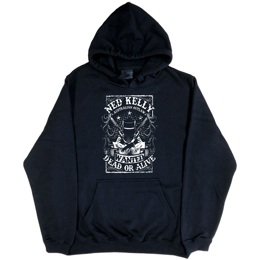 Ned Kelly Wanted Dead or Alive Hoodie (Black, White Print, Regular & Big Sizes)