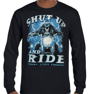 Shut Up and RIDE Biker Longsleeve T-Shirt (Black, Regular and Big Sizes)