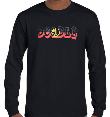 Deadly Aboriginal Flag Longsleeve T-Shirt (Black, Regular and Big Sizes)