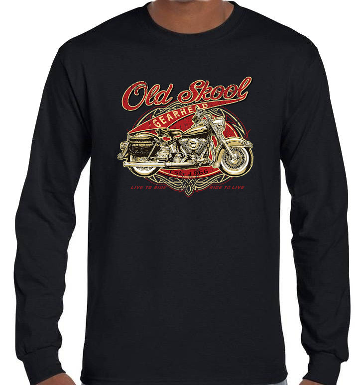 Old Skool Gearhead Motorcycle Longsleeve T-Shirt (Black)