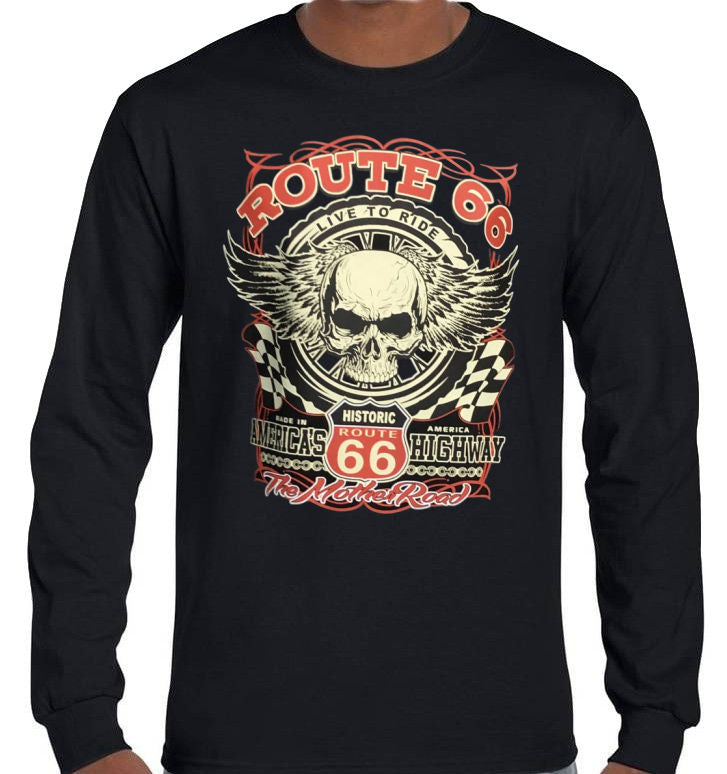 Route 66 Skull Longsleeve T-Shirt (Black, Regular and Big Sizes)