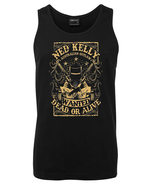 Ned Kelly Dead or Alive Mens Singlet (Black & Gold)