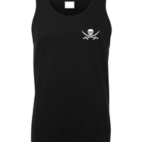 Skull & Cross Swords Left Chest Logo Mens Singlet (Black, White Print)